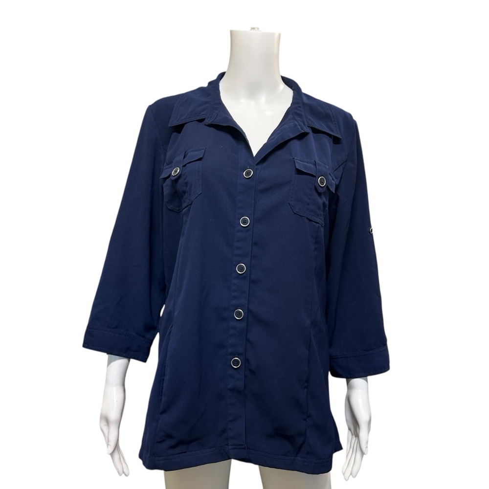 Susan Graver Dark Blue Button Front Tabbed Sleeve Blouse Size M